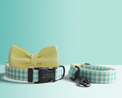 Personalised Green Plaid Lightweight Dog Collar, Personalised Premium Dog Collar or Dog Collar and Leash Set with Matching Bowtie