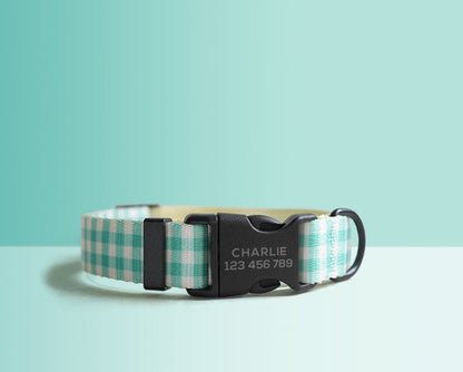 Personalised Green Plaid Lightweight Dog Collar, Personalised Premium Dog Collar or Dog Collar and Leash Set with Matching Bowtie