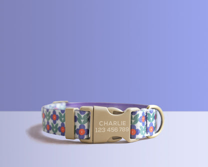 Personalised Purple Floral Lightweight Dog Collar, Premium Dog Collar or Dog Collar and Leash Set with Matching Bowtie *Detachable
