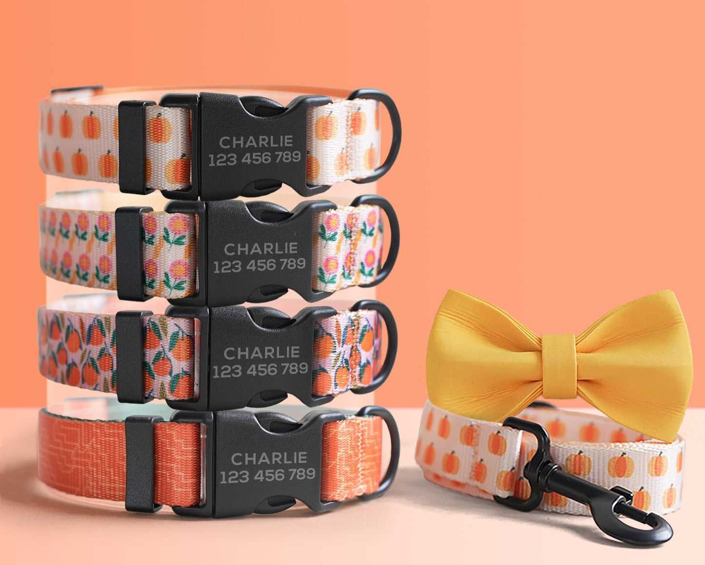 Personalised Orange Lightweight Dog Collar, Premium Dog Collar or Dog Collar and Leash Set with Matching Bowtie *Detachable
