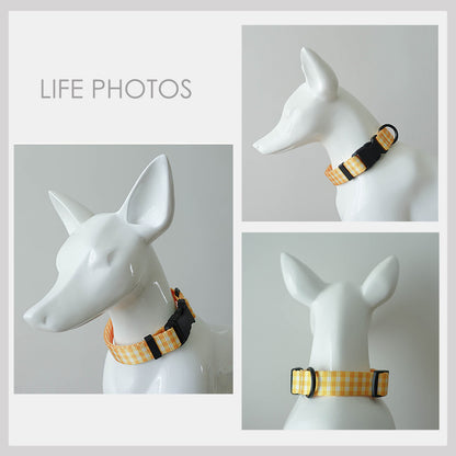 Personalised Yellow Plaid Lightweight Dog Collar, Personalised Premium Dog Collar or Dog Collar and Leash Set with Matching Bowtie