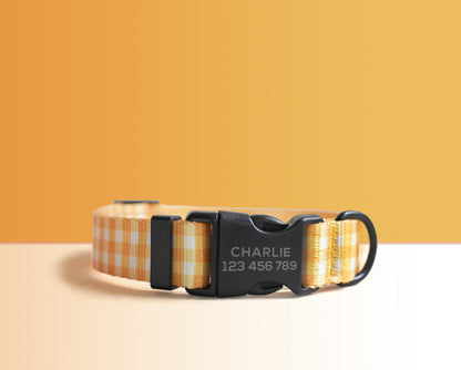 Personalised Yellow Plaid Lightweight Dog Collar, Personalised Premium Dog Collar or Dog Collar and Leash Set with Matching Bowtie