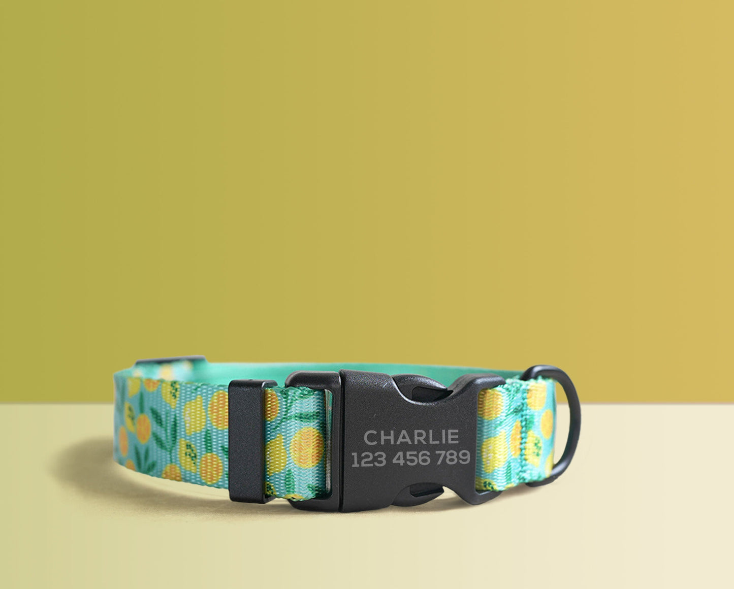 Personalised Dog Collar, Lead, Green Bowtie in Green Yellow Lightweight Fabric, Plastic Buckle Custom with Name