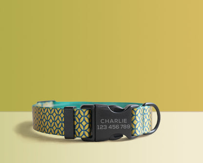 Personalised Dog Collar, Lead, Green Bowtie in Green Yellow Lightweight Fabric, Plastic Buckle Custom with Name
