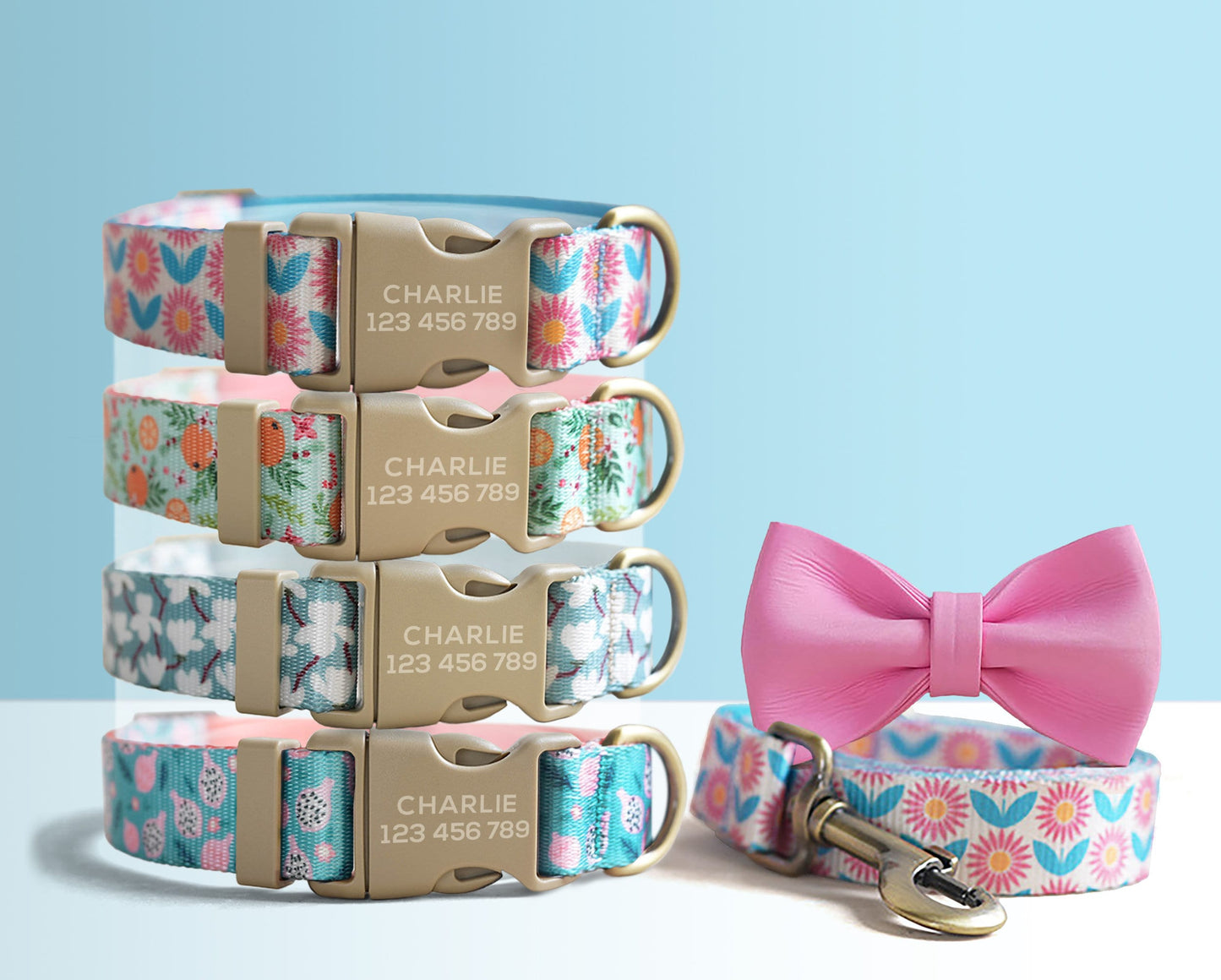 Blue Pink Floral Lightweight Dog Collar, Personalised Premium Dog Collar or Dog Collar and Leash Set with Matching Bowtie *Detachable