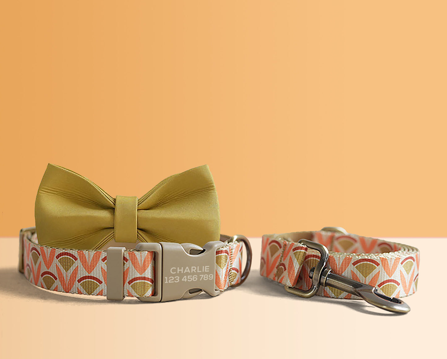Orange Lightweight Dog Collar, Abstract Pattern Personalised Premium Dog Collar or Dog Collar and Leash Set with Matching Bowtie
