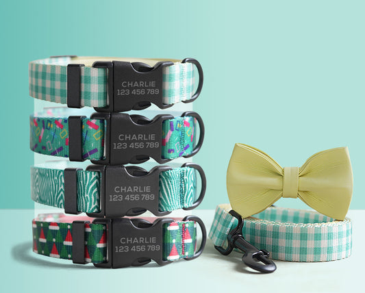 Personalised Green Plaid Lightweight Dog Collar, Personalised Premium Dog Collar or Dog Collar and Leash Set with Matching Bowtie