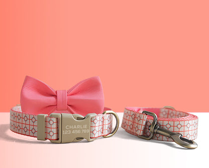 Personalised Red Geometric Lightweight Dog Collar, Personalised Premium Dog Collar or Dog Collar and Leash Set with Matching Bowtie