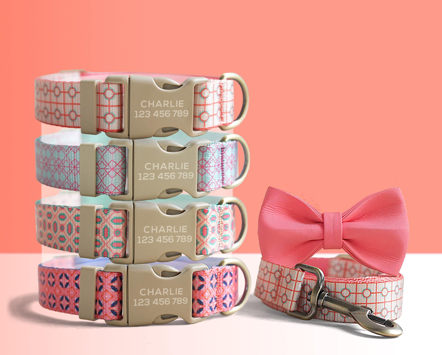 Personalised Red Geometric Lightweight Dog Collar, Personalised Premium Dog Collar or Dog Collar and Leash Set with Matching Bowtie