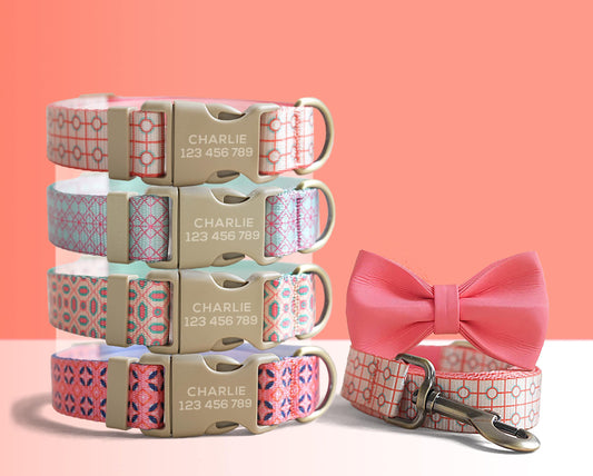 Personalised Red Geometric Lightweight Dog Collar, Personalised Premium Dog Collar or Dog Collar and Leash Set with Matching Bowtie