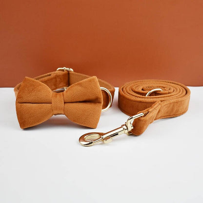 Custom Camel Brown Velvet Personalised Dog Collar, Matching Dog Bowtie, Dog Flower, Leash, H-Style Harness & Dog Poop Bag