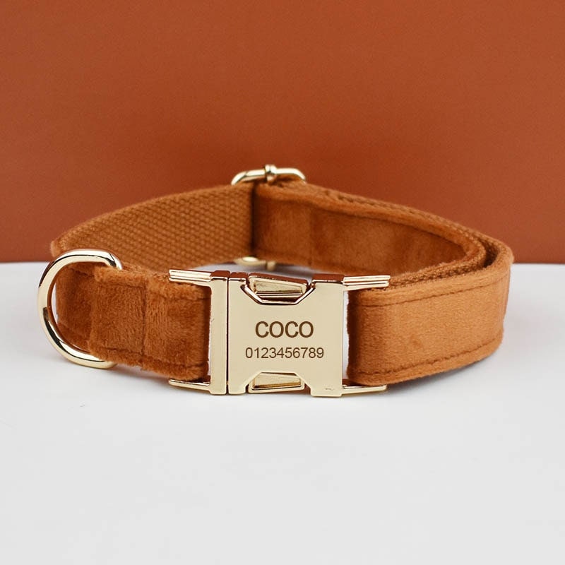 Custom Camel Brown Velvet Personalised Dog Collar, Matching Dog Bowtie, Dog Flower, Leash, H-Style Harness & Dog Poop Bag