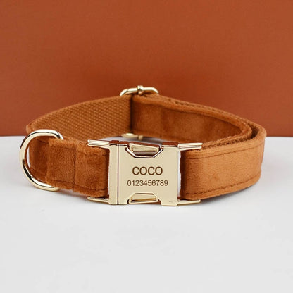 Custom Camel Brown Velvet Personalised Dog Collar, Matching Dog Bowtie, Dog Flower, Leash, H-Style Harness & Dog Poop Bag