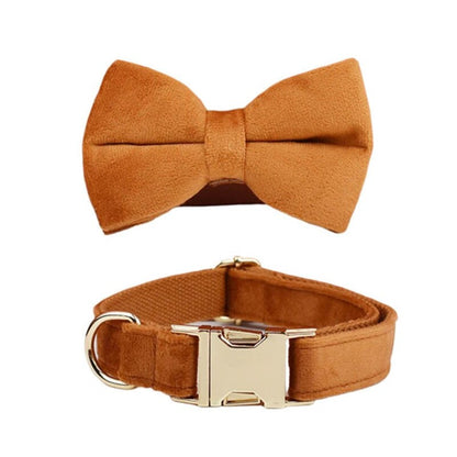 Custom Camel Brown Velvet Personalised Dog Collar, Matching Dog Bowtie, Dog Flower, Leash, H-Style Harness & Dog Poop Bag