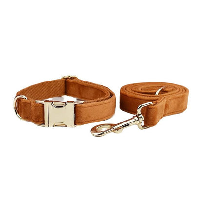Custom Camel Brown Velvet Personalised Dog Collar, Matching Dog Bowtie, Dog Flower, Leash, H-Style Harness & Dog Poop Bag