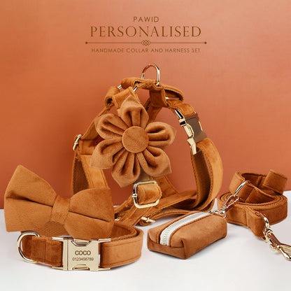 Custom Camel Brown Velvet Personalised Dog Collar, Matching Dog Bowtie, Dog Flower, Leash, H-Style Harness & Dog Poop Bag