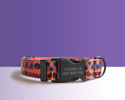 Halloween Dog Collar, Engraved Buckle in Purple, Orange, Pumpkin, Spider Web Pattern Personalised Dog Collar Set