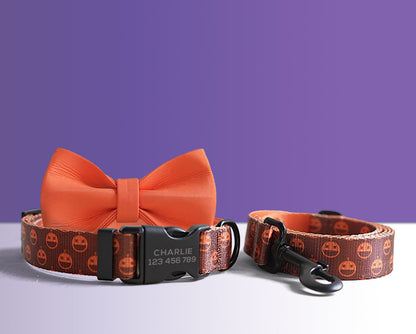 Halloween Dog Collar, Engraved Buckle in Purple, Orange, Pumpkin, Spider Web Pattern Personalised Dog Collar Set