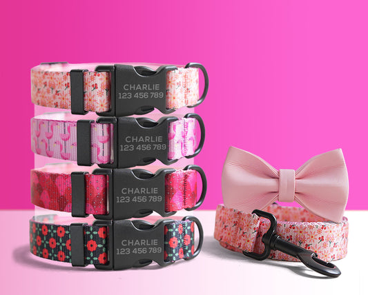 Personalised Pink Floral Lightweight Dog Collar, Personalised Premium Dog Collar or Dog Collar and Leash Set with Matching Bowtie