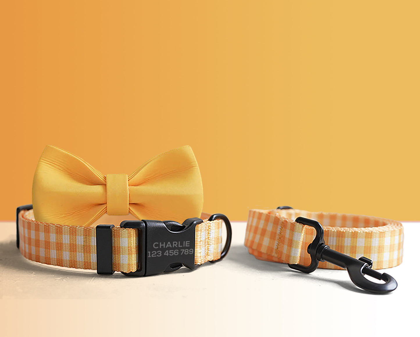 Personalised Yellow Plaid Lightweight Dog Collar, Personalised Premium Dog Collar or Dog Collar and Leash Set with Matching Bowtie