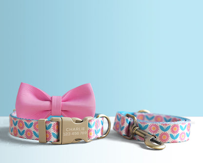Blue Pink Floral Lightweight Dog Collar, Personalised Premium Dog Collar or Dog Collar and Leash Set with Matching Bowtie *Detachable