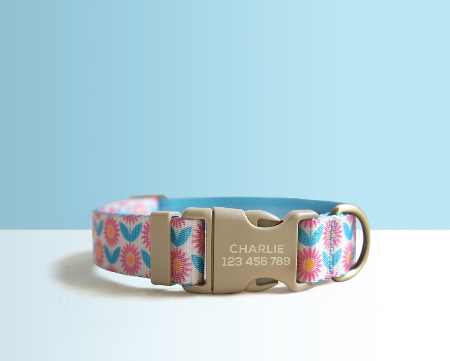 Blue Pink Floral Lightweight Dog Collar, Personalised Premium Dog Collar or Dog Collar and Leash Set with Matching Bowtie *Detachable