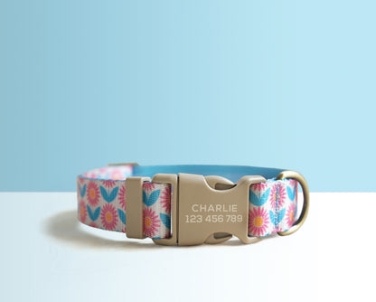 Blue Pink Floral Lightweight Dog Collar, Personalised Premium Dog Collar or Dog Collar and Leash Set with Matching Bowtie *Detachable