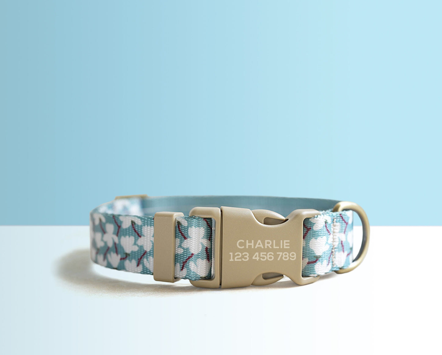 Blue Pink Floral Lightweight Dog Collar, Personalised Premium Dog Collar or Dog Collar and Leash Set with Matching Bowtie *Detachable