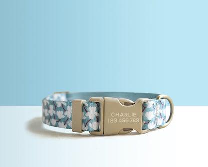 Blue Pink Floral Lightweight Dog Collar, Personalised Premium Dog Collar or Dog Collar and Leash Set with Matching Bowtie *Detachable