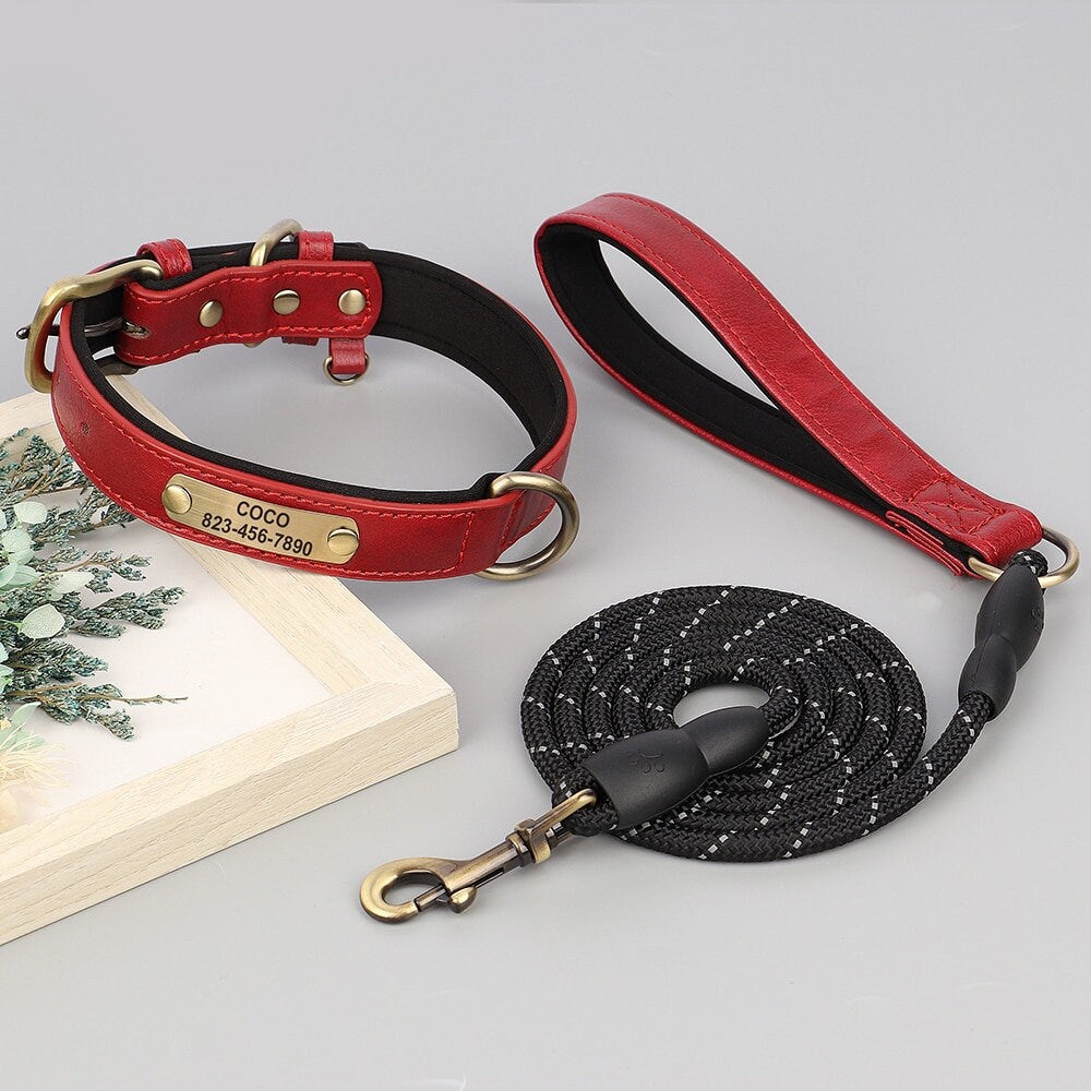 Personalised PU Leather Dog Collar Soft Padded Dog Collar with name plate