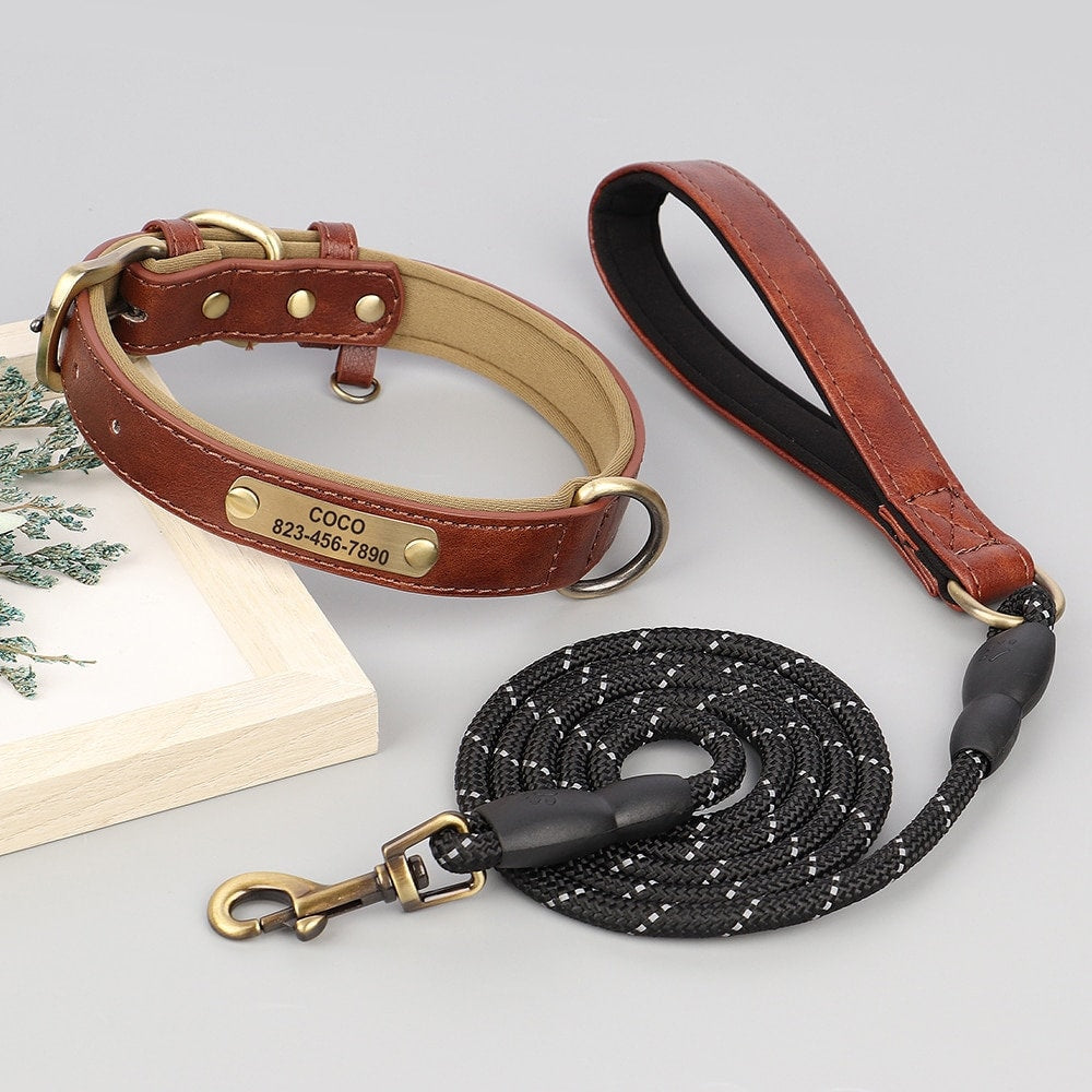 Personalised PU Leather Dog Collar Soft Padded Dog Collar with name plate