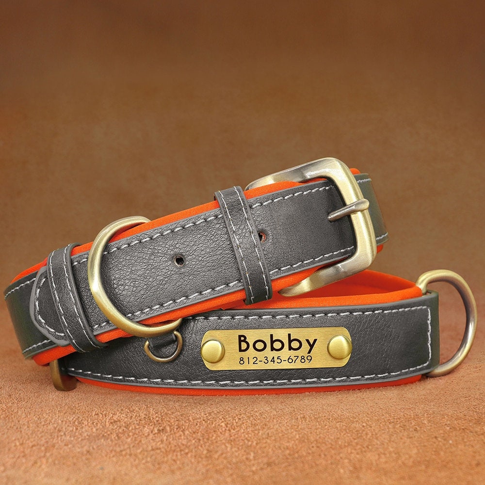 Personalised PU Leather Dog Collar Soft Padded Dog Collar with name plate