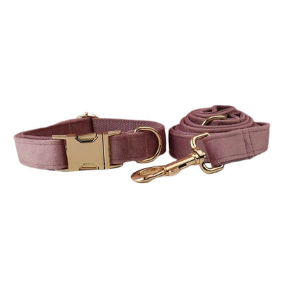 Dusty Pink Dog Harness Personalised with Name, Custom Velvet Wedding Dog Collar, Bow, Flower, Leash, Poop Bag Holder