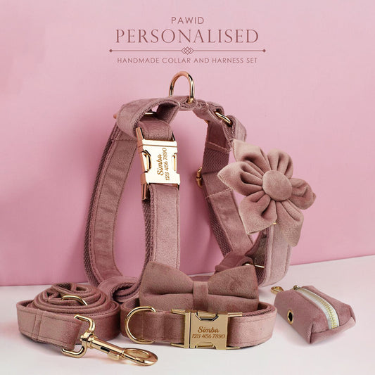 Dusty Pink Dog Harness Personalised with Name, Custom Velvet Wedding Dog Collar, Bow, Flower, Leash, Poop Bag Holder