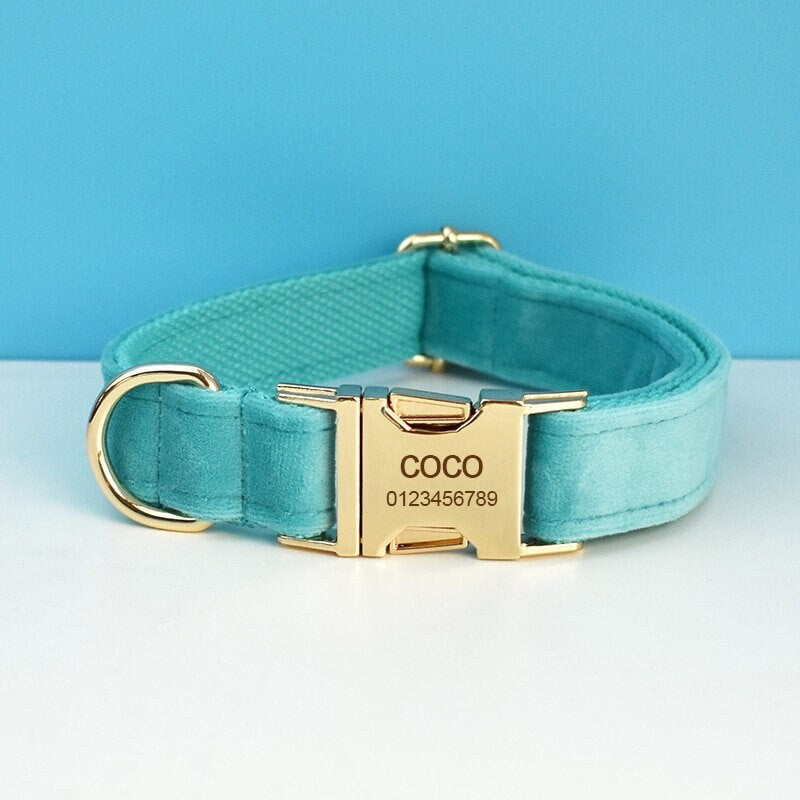Custom Turquoise Velvet Personalised Dog Collar, Matching Dog Bowtie, Dog Flower, Leash, H-Style Dog Harness & Dog Poop Bag