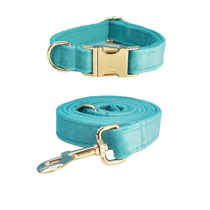 Custom Turquoise Velvet Personalised Dog Collar, Matching Dog Bowtie, Dog Flower, Leash, H-Style Dog Harness & Dog Poop Bag