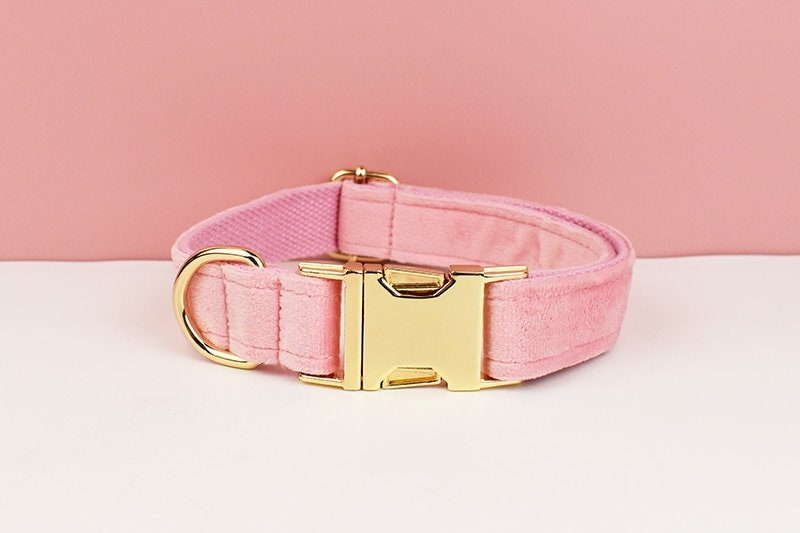 Custom Pink Velvet Personalised Dog Collar, Matching Dog Bowtie, Dog Flower, Dog Leash, H-Style Dog Harness & Dog Poop Bag