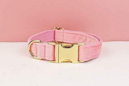 Custom Pink Velvet Personalised Dog Collar, Matching Dog Bowtie, Dog Flower, Dog Leash, H-Style Dog Harness & Dog Poop Bag