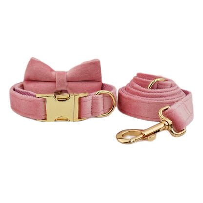 Custom Pink Velvet Personalised Dog Collar, Matching Dog Bowtie, Dog Flower, Dog Leash, H-Style Dog Harness & Dog Poop Bag