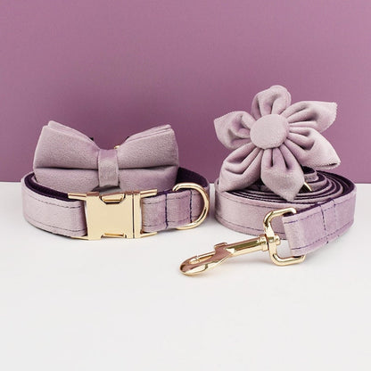 Purple Dog Harness, Custom Velvet Personalised Wedding Dog Collar with Name, Bow, Flower, Leash, Poop Bag Holder