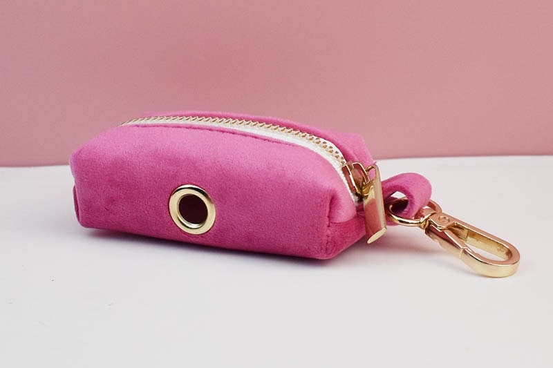 Custom Hot Pink Velvet Personalised Dog Collar, Matching Dog Bowtie, Dog Flower, Leash, H-Style Dog Harness & Dog Poop Bag