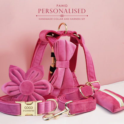 Custom Hot Pink Velvet Personalised Dog Collar, Matching Dog Bowtie, Dog Flower, Leash, H-Style Dog Harness & Dog Poop Bag
