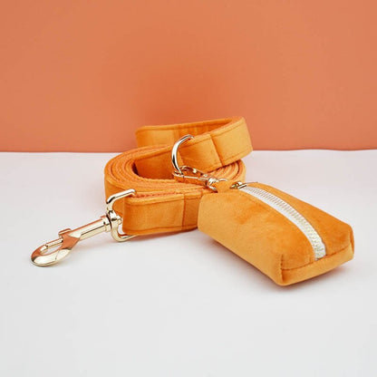 Custom Orange Velvet Personalised Dog Collar, Matching Dog Bowtie, Dog Flower, Dog Leash, H-Style Harness & Dog Poop Bag