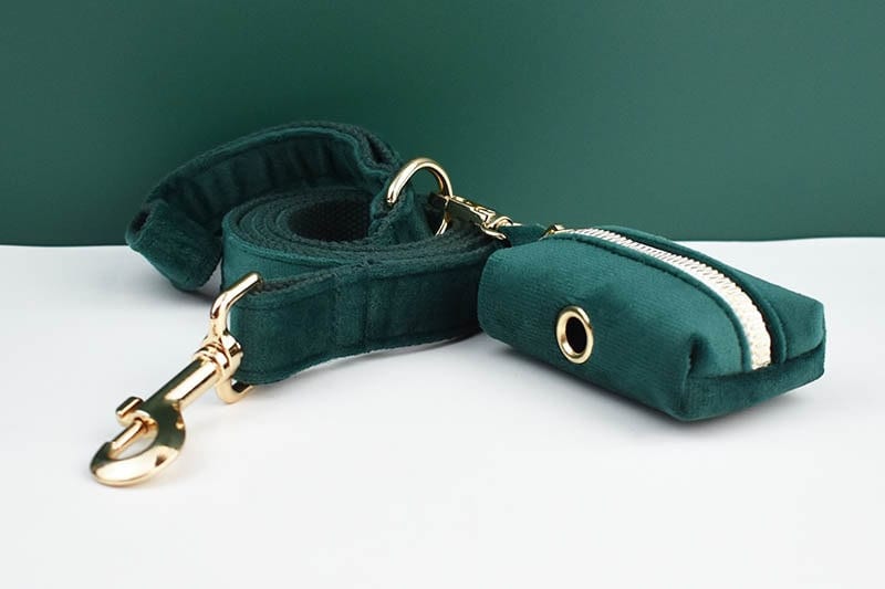 Custom Emerald Green Velvet Personalised Dog Collar, Matching Dog Bowtie, Dog Flower, Leash, H-Style Harness & Dog Poop Bag