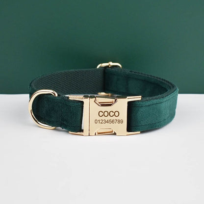 Custom Emerald Green Velvet Personalised Dog Collar, Matching Dog Bowtie, Dog Flower, Leash, H-Style Harness & Dog Poop Bag