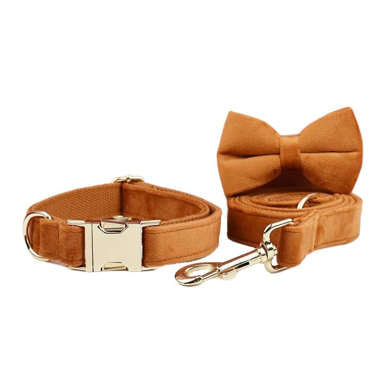 Custom Camel Brown Velvet Personalised Dog Collar, Matching Dog Bowtie, Dog Flower, Leash, H-Style Harness & Dog Poop Bag