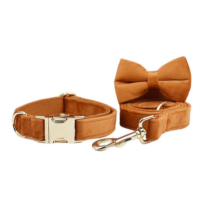 Custom Camel Brown Velvet Personalised Dog Collar, Matching Dog Bowtie, Dog Flower, Leash, H-Style Harness & Dog Poop Bag
