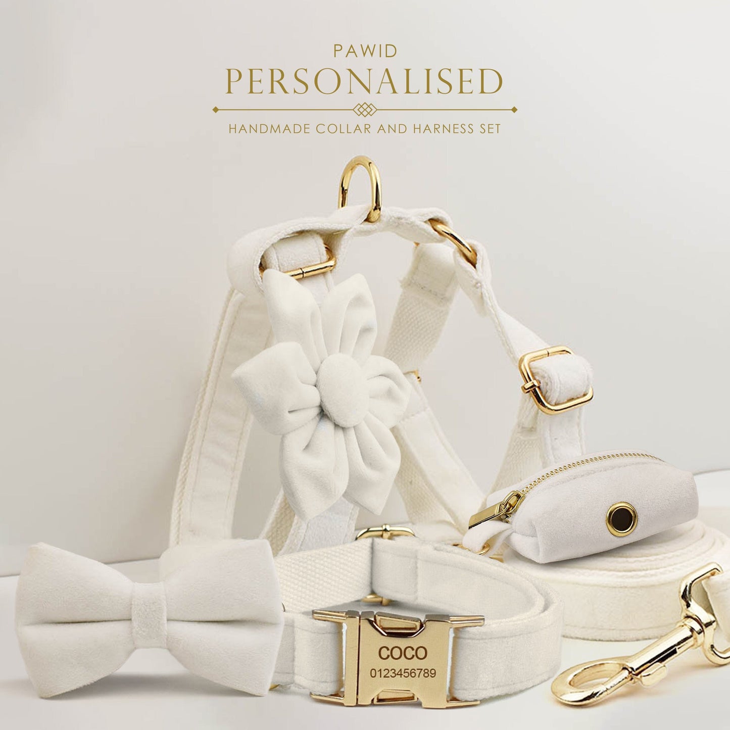 Custom White Velvet Personalised Dog Collar, Matching Dog Bowtie, Dog Flower, Dog Leash, H-Style Dog Harness & Dog Poop Bag
