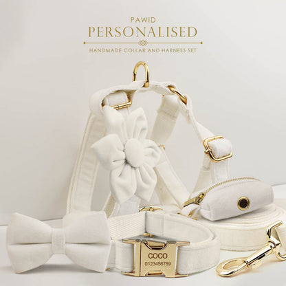Custom White Velvet Personalised Dog Collar, Matching Dog Bowtie, Dog Flower, Dog Leash, H-Style Dog Harness & Dog Poop Bag