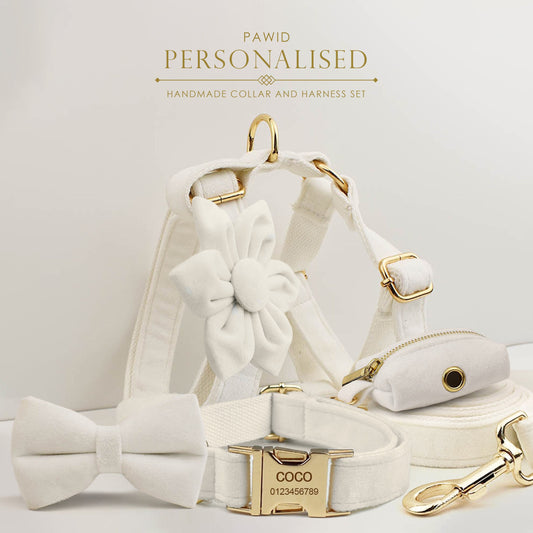 Custom White Velvet Personalised Dog Collar, Matching Dog Bowtie, Dog Flower, Dog Leash, H-Style Dog Harness & Dog Poop Bag